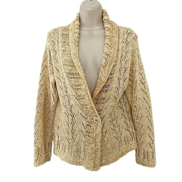 Coldwater Creek Women's Sz M Yellow Crochet Knit Cardigan Sweater Shawl Collar - Picture 1 of 7